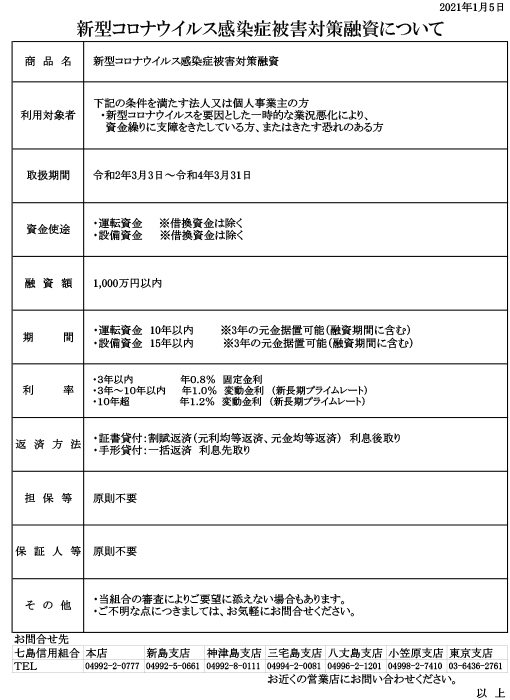 新型コロナウイルス感染症対策融資について